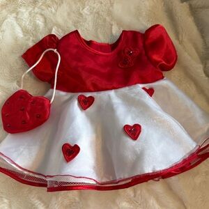 Build A Bear Red Satin and White Dress with Heart Appliqués & Purse